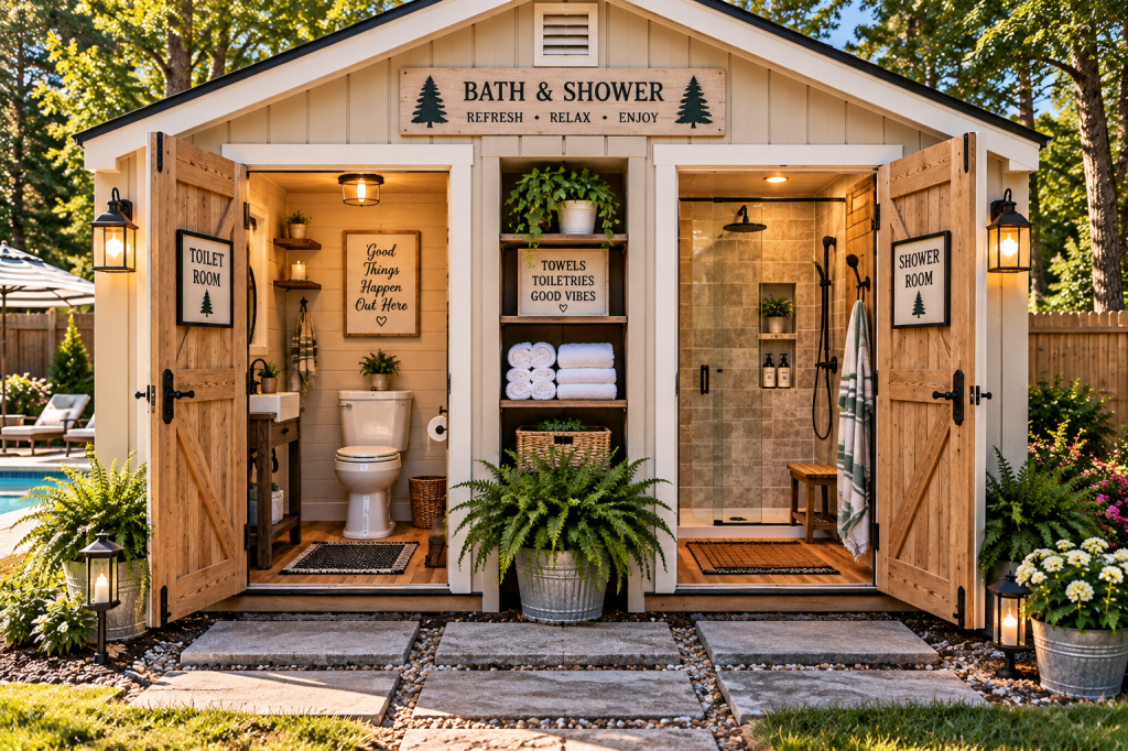Outdoor bathhouse with two entrances labeled 'Toilet Room' and 'Shower Room'. The toilet area features a white toilet, a small sink, and decorative elements. The shower area includes a glass shower stall, towels, and greenery. Surrounded by a patio area and landscaped plants.