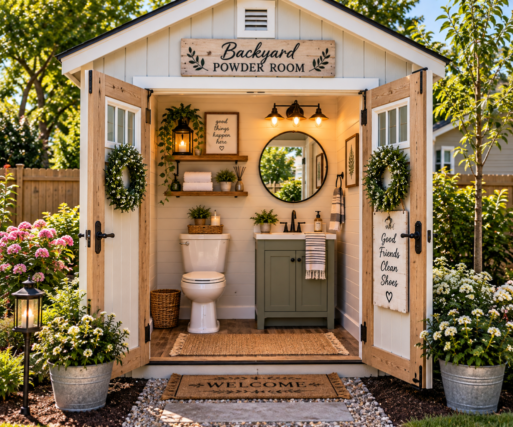 A beautifully designed backyard powder room with a welcoming entrance, featuring a white door and signage. Inside, there's a modern toilet, a stylish sink with dark cabinetry, decorative plants, and a round mirror. The space is accented with hanging lights, textured rugs, and charming decor, including a sign that reads 'Good Friends Clean Shoes.' Surrounding the structure are colorful flowers and greenery, creating a serene outdoor setting.