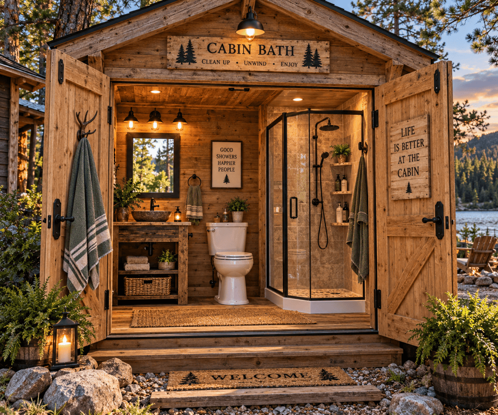 Cozy cabin bathroom with wooden walls, featuring a shower, toilet, sink, and decorative plants. A welcome mat is placed at the entrance, enhancing the rustic charm.