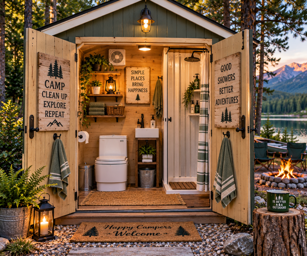 A cozy outdoor bathroom shed with open doors, featuring wooden signage with camping messages, a toilet, a washbasin, shelves with towels and plants, and a shower area. The setting is surrounded by trees and mountains, with a campfire and seating nearby.