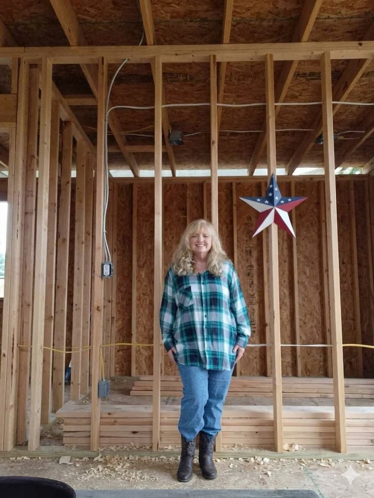 A woman with long blonde hair wearing a green plaid shirt and jeans stands in a wooden frame structure with a decorative star hanging on the wall.