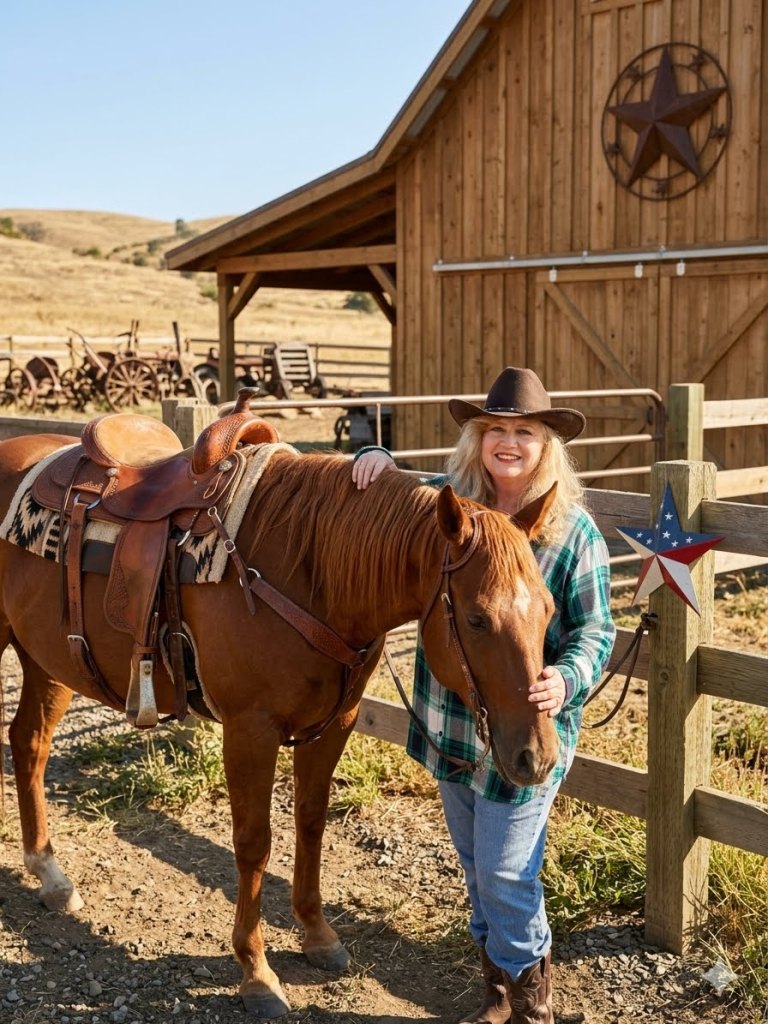 A woman in a cowboy hat smiles while standing next to a brown horse, with a wooden barn and rolling hills in the background.