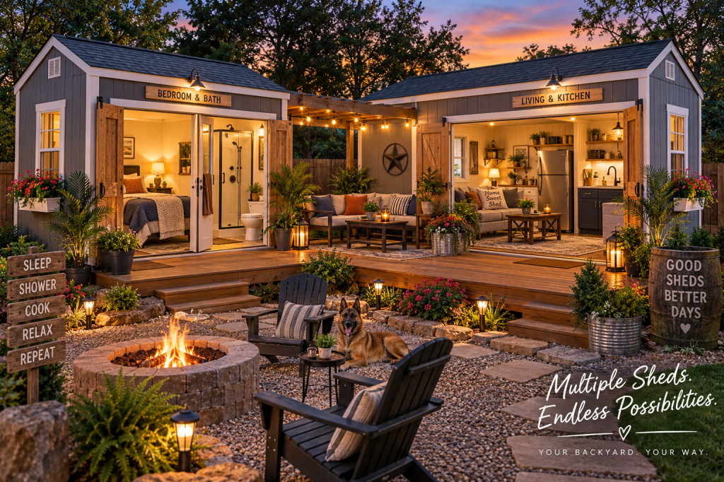A cozy backyard setting featuring two shed-style buildings labeled 'Bedroom & Bath' and 'Living & Kitchen', surrounded by lush plants, a fire pit, and outdoor seating.