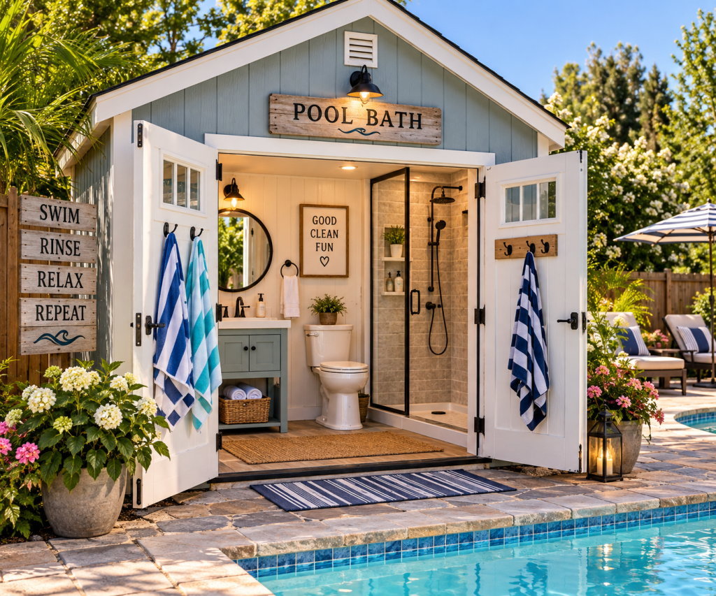 A charming poolside bathhouse with an open door, featuring a toilet, shower, and decorative elements like a mirror and plants. There are towels hanging, a sign reading 'GOOD CLEAN FUN', and nearby lounge chairs by the pool.