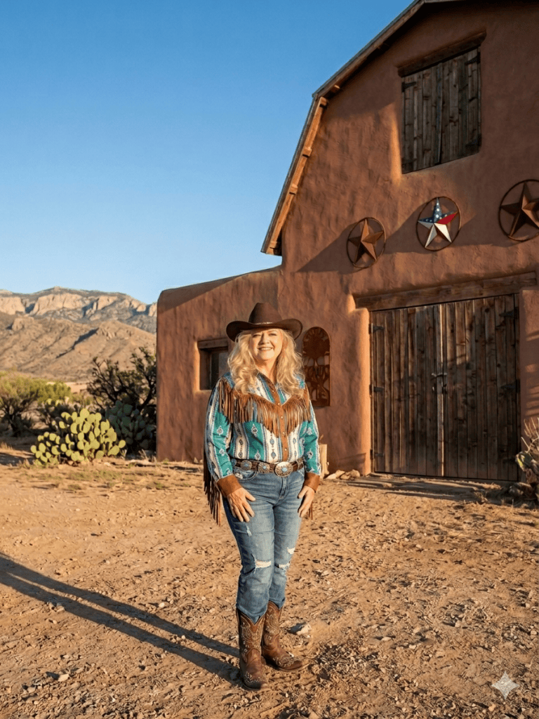 A woman wearing a fringed blue and white shirt, denim jeans, and cowboy boots stands in front of a rustic adobe building with wooden doors and star decorations, set against a mountainous backdrop.